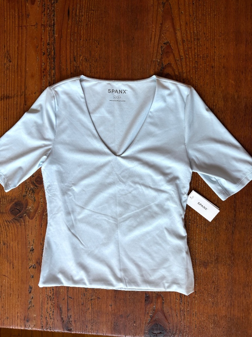 NWT Spanx Smoothing Jersey V-Neck Short Sleeve Sky Blue Size Medium